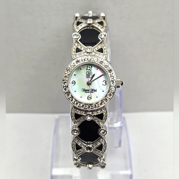 Victoria Wieck LADIES Watch Mother of Pearl Silver Tone & Black Enamel Crystals - Picture 1 of 9